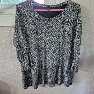 Lucky Brand Blouse Womens 2X Black White Floral Paisley Crew Neck 3/4 Sleeve